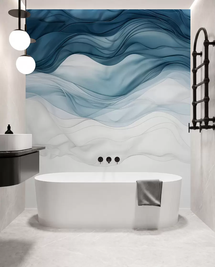 murales de pared Ondas fluidas de texturas translúcidas en tonos azul oscuro, azul claro y blanco sobre un fondo claro  w08775