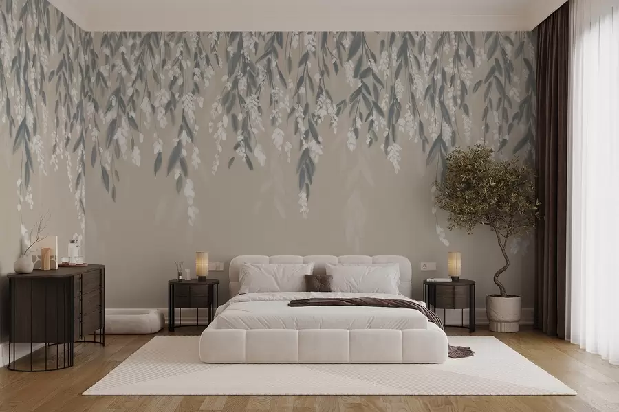 murales de pared Ramas de follaje en cascada en tonos de verde apagado con flores y hojas blancas sobre fondo beige w08781