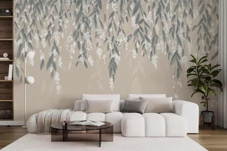 murales de pared Ramas de follaje en cascada en tonos de verde apagado con flores y hojas blancas sobre fondo beige w08781