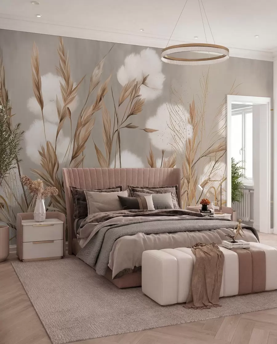 murales de pared Flores blancas de algodón suave y esponjoso y altas espiguillas de hierba anaranjadas sobre un fondo beige de textura apagada w08784