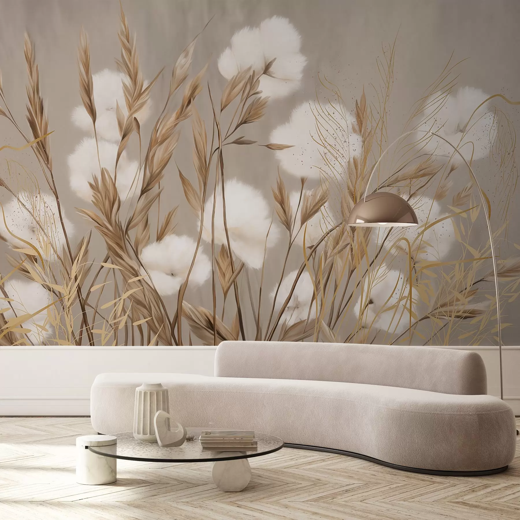 murales de pared Flores blancas de algodón suave y esponjoso y altas espiguillas de hierba anaranjadas sobre un fondo beige de textura apagada w08784
