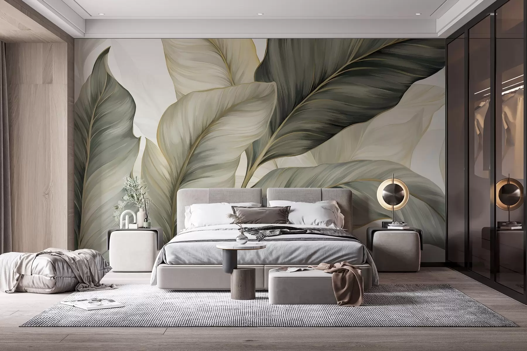 murales de pared Hojas grandes de textura estilizada con venas detalladas en varios tonos de verde, crema y beige w08785