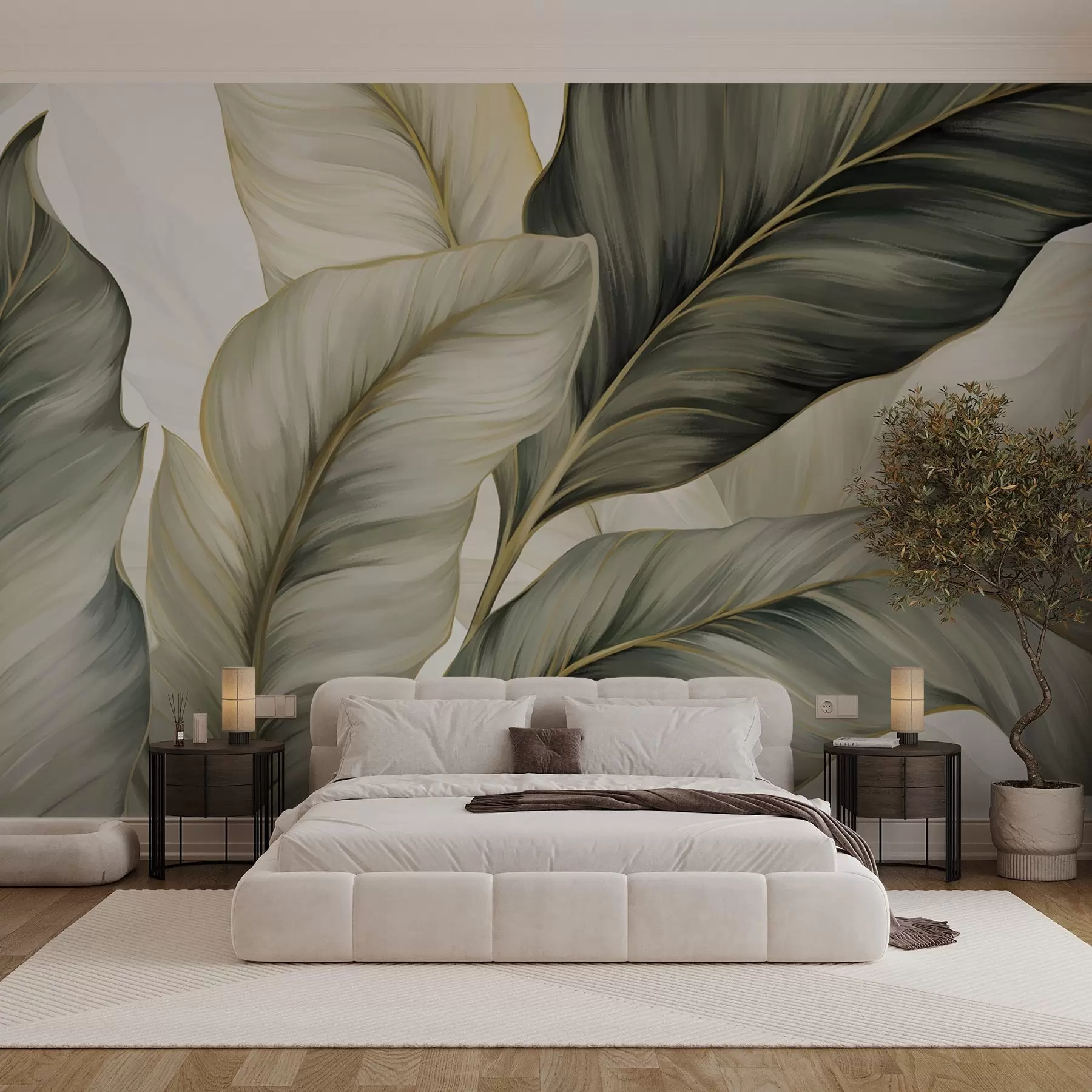 murales de pared Hojas grandes de textura estilizada con venas detalladas en varios tonos de verde, crema y beige w08785