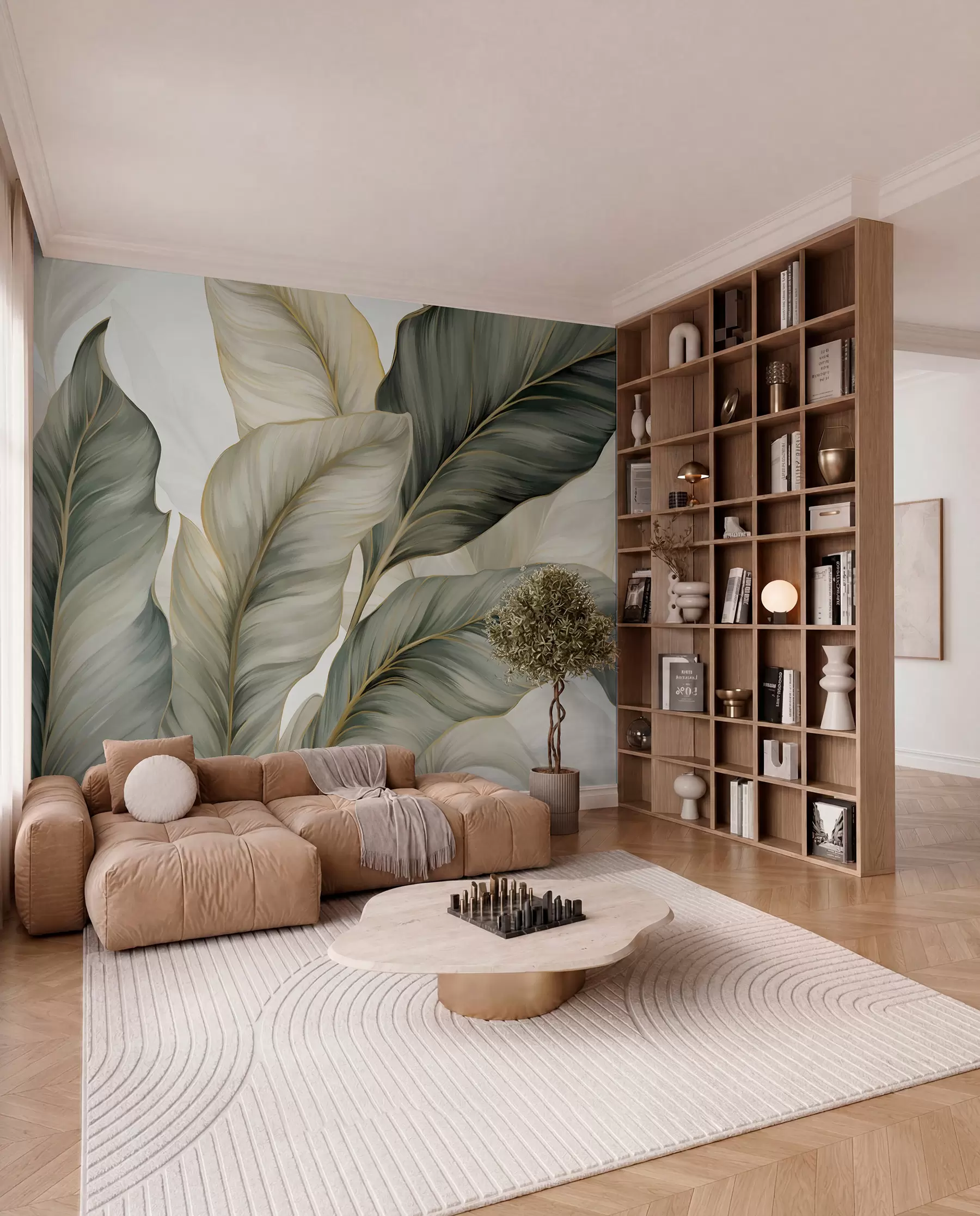 murales de pared Hojas grandes de textura estilizada con venas detalladas en varios tonos de verde, crema y beige w08785