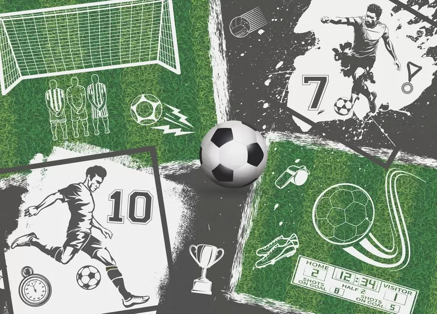 murales de pared Jugadores de fútbol, balón y otros atributos futbolísticos en tonos azules w03121