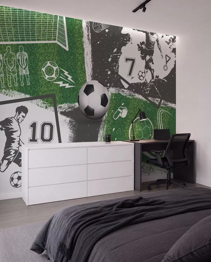 murales de pared Jugadores de fútbol, balón y otros atributos futbolísticos en tonos azules w03121