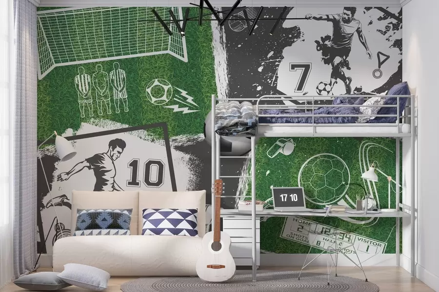 murales de pared Jugadores de fútbol, balón y otros atributos futbolísticos en tonos azules w03121