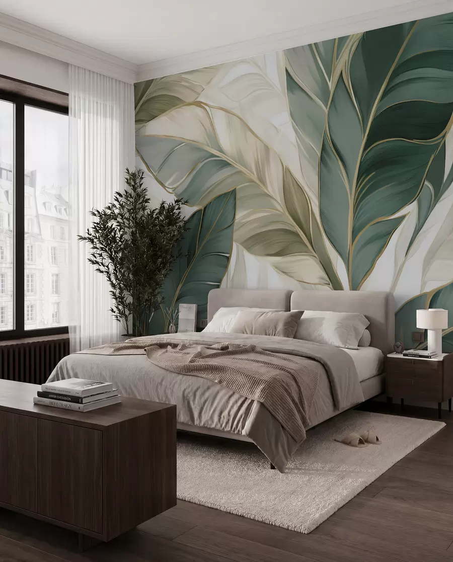 murales de pared Hojas tropicales verdes sobre fondo gris y blanco w03124