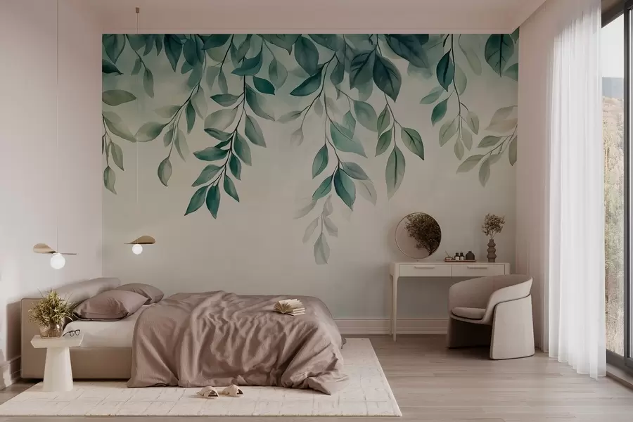 murales de pared hojas verdes estilo acuarela colgando de la parte superior w03024