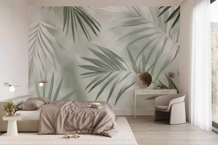 murales de pared Abstracción de hojas tropicales, palmera, paleta de colores verdes w03153v2