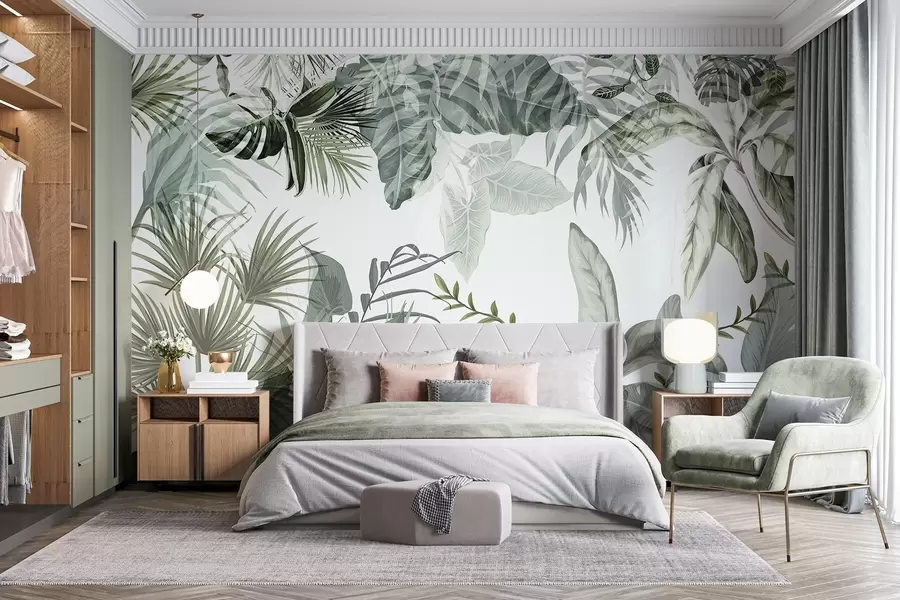 murales de pared Hojas tropicales transparentes en tonos verdes sobre fondo blanco w08822