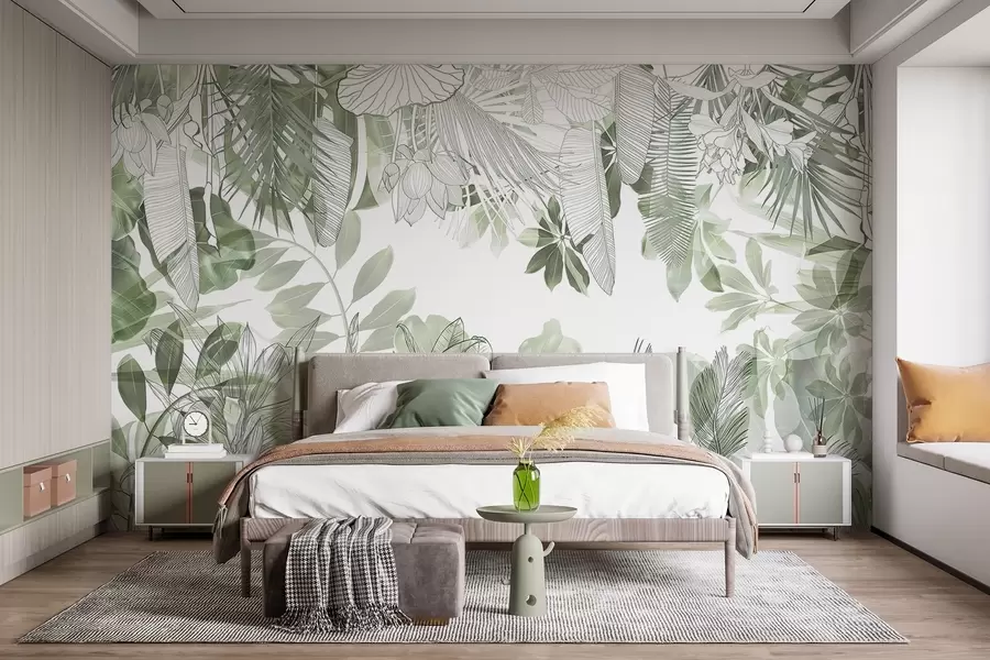 murales de pared Plantas y hojas tropicales con estampado de jungla verde sobre fondo blanco w08823