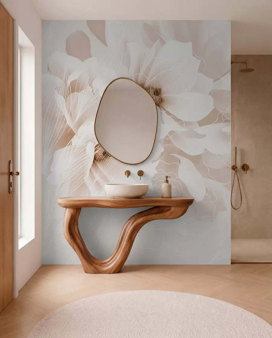 murales de pared Flores de peonía en tonos pastel con delicados pétalos blancos y beige y líneas blancas sobre fondo beige claro w08826v1