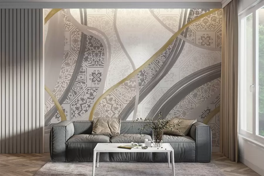 murales de pared Cuadro abstracto con motivos geométricos y líneas curvas en colores beige, gris y amarillo w08837