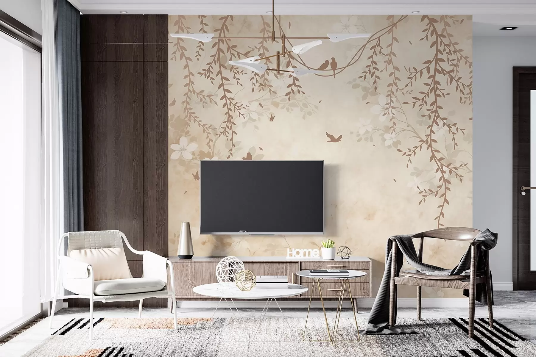 murales de pared Pájaros con plantas colgantes y un motivo floral en tonos beige-crema claro w08809