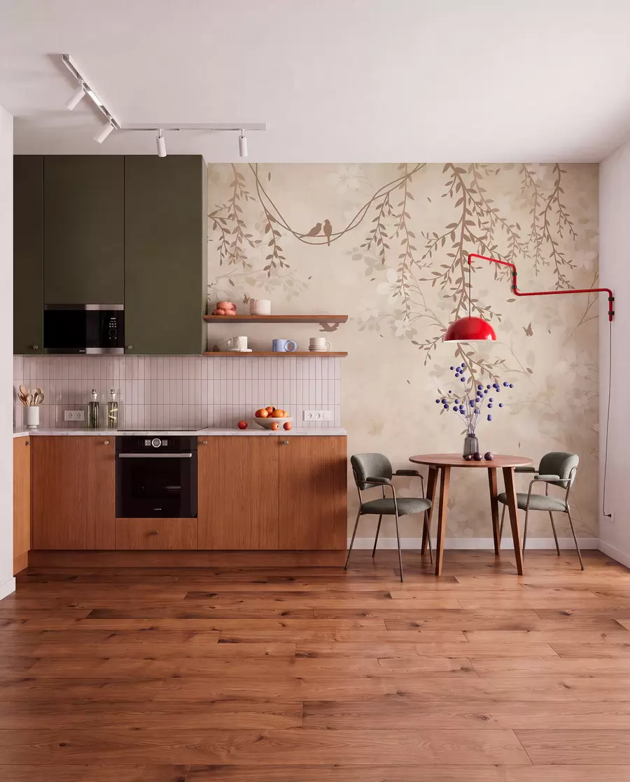 murales de pared Pájaros con plantas colgantes y un motivo floral en tonos beige-crema claro w08809