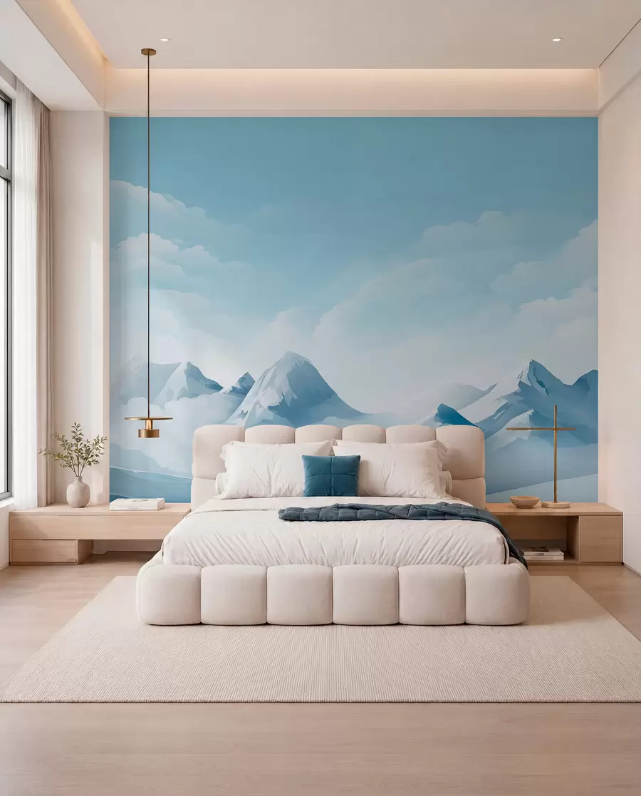 murales de pared Nubes y montañas azules minimalistas, tiempo gélido w08811