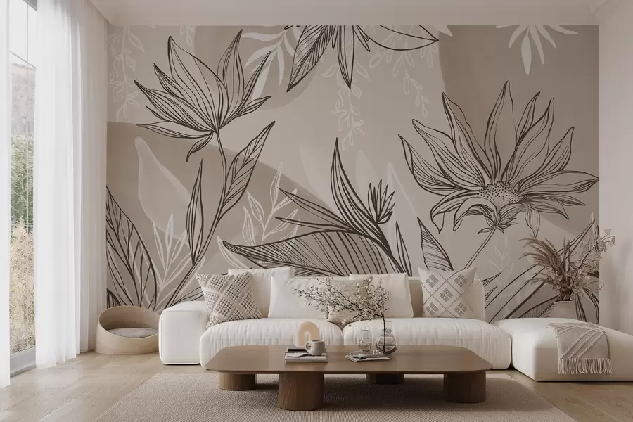 murales de pared Línea floral con grandes hojas y flores sobre un fondo de acuarela beige w08865v1