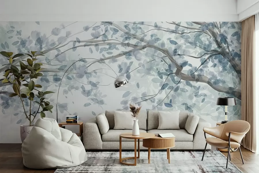 murales de pared Ramas en flor con hojas azules, colores suaves, detalles delicados, estilo acuarela, sobre fondo claro w08867v2