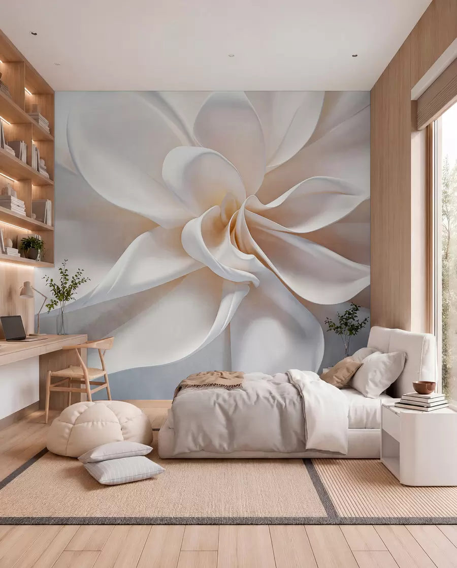 murales de pared Flor minimalista de textura pastel con pétalos suaves, ligera y aireada, sobre fondo blanco w08868