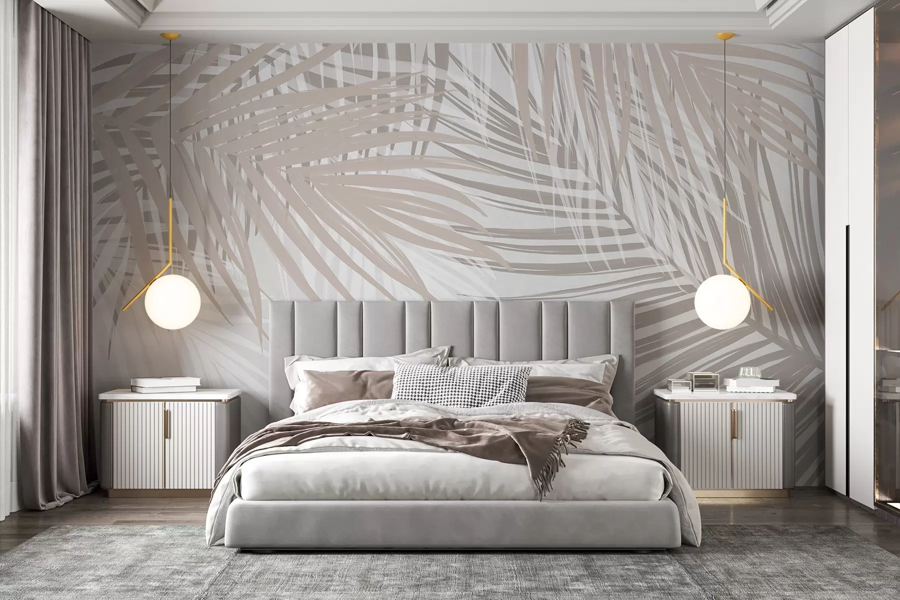 murales de pared Hojas de palmera en tonos beige claro y blanco, follaje tropical, colores pastel suaves, diseño minimalista w08869
