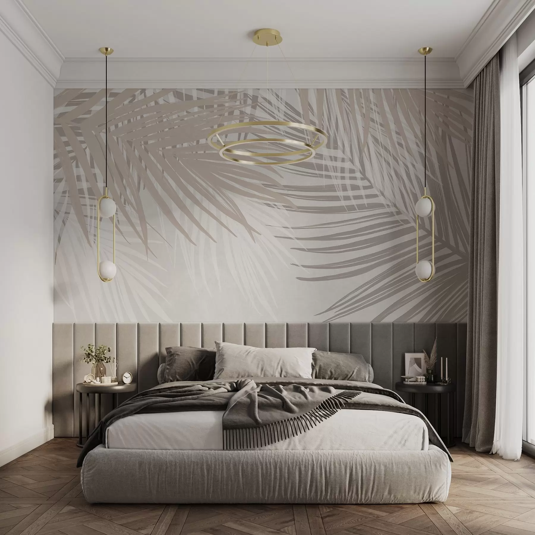 murales de pared Hojas de palmera en tonos beige claro y blanco, follaje tropical, colores pastel suaves, diseño minimalista w08869