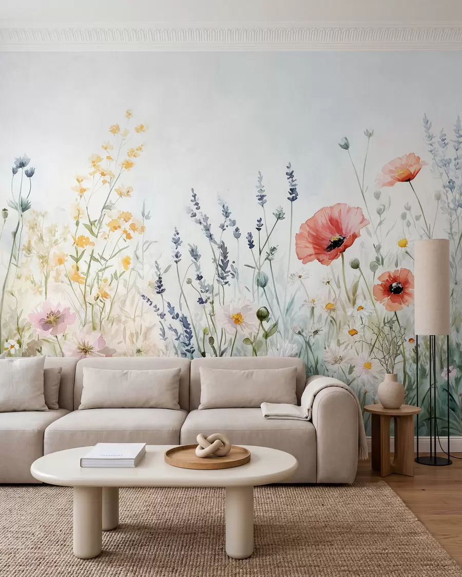 murales de pared flores silvestres y amapolas en la técnica de los trazos w03281