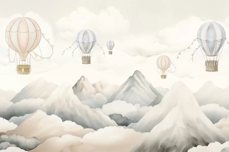 murales de pared Globos aerostáticos flotando sobre las montañas en tonos pastel neutros y suaves w08853