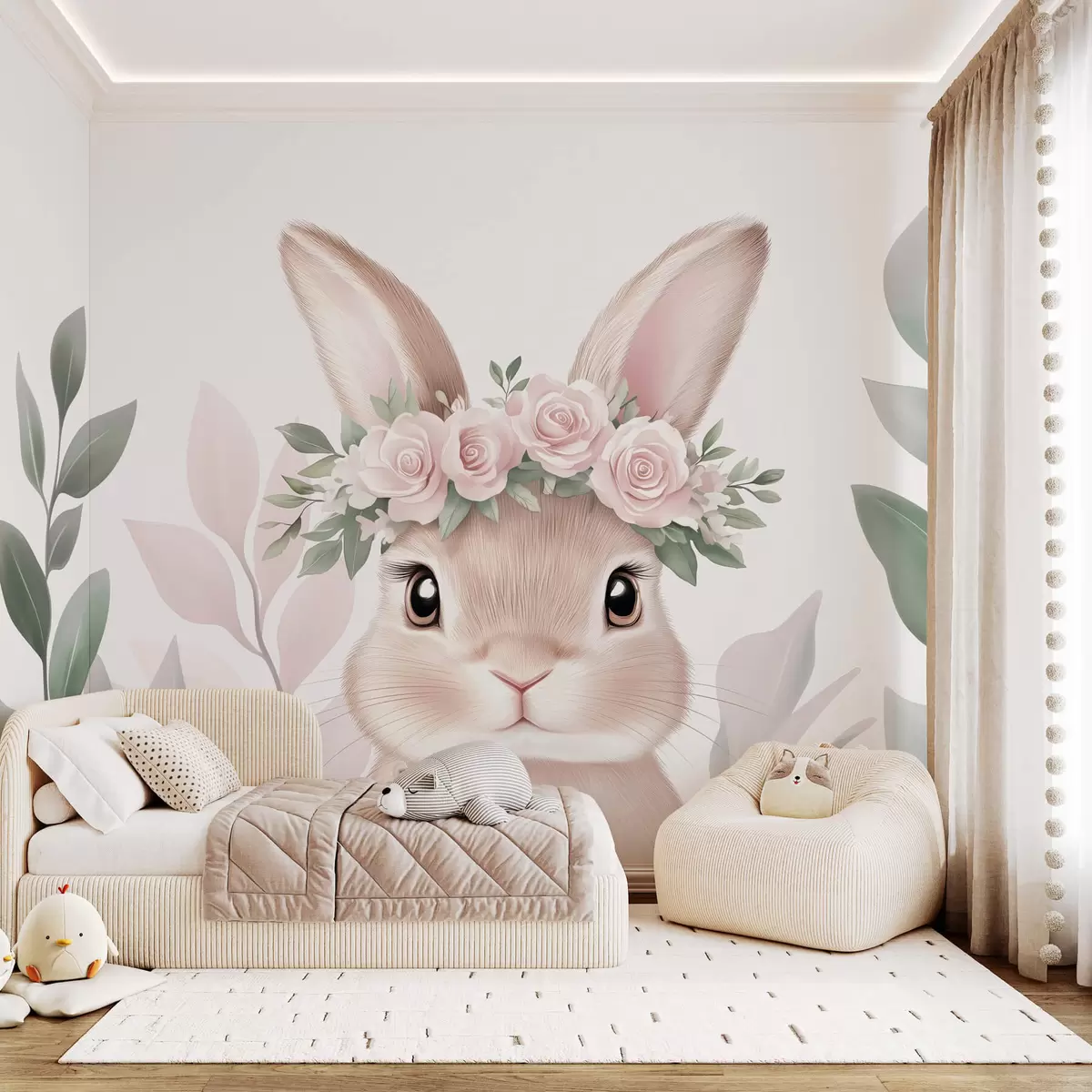 murales de pared Conejo con corona de rosas w03169