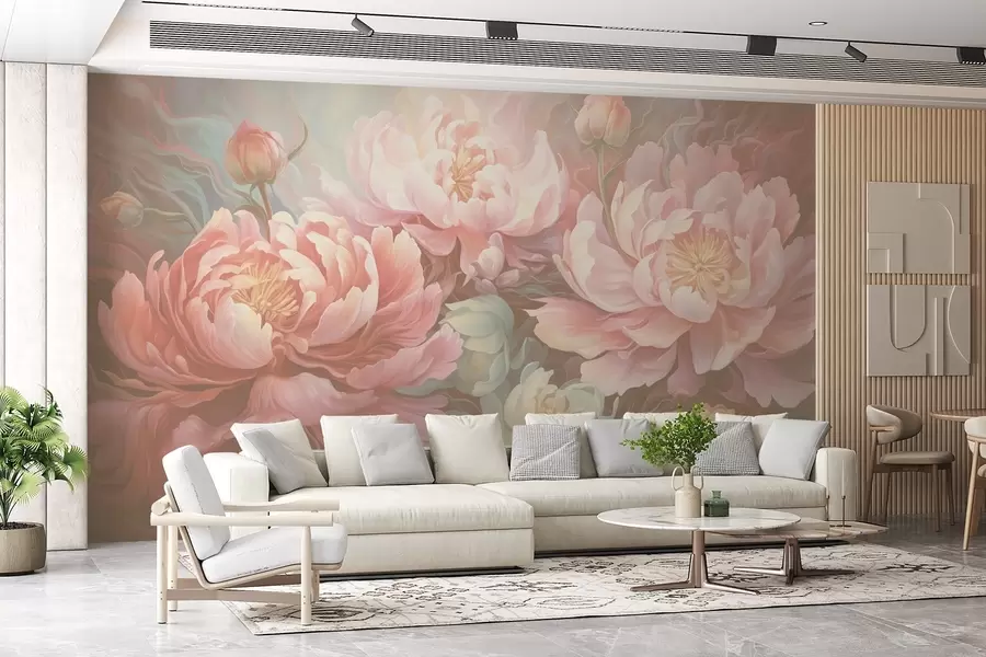 murales de pared Peonías de cuento en estilo pincelada en tonos cálidos w08879v2