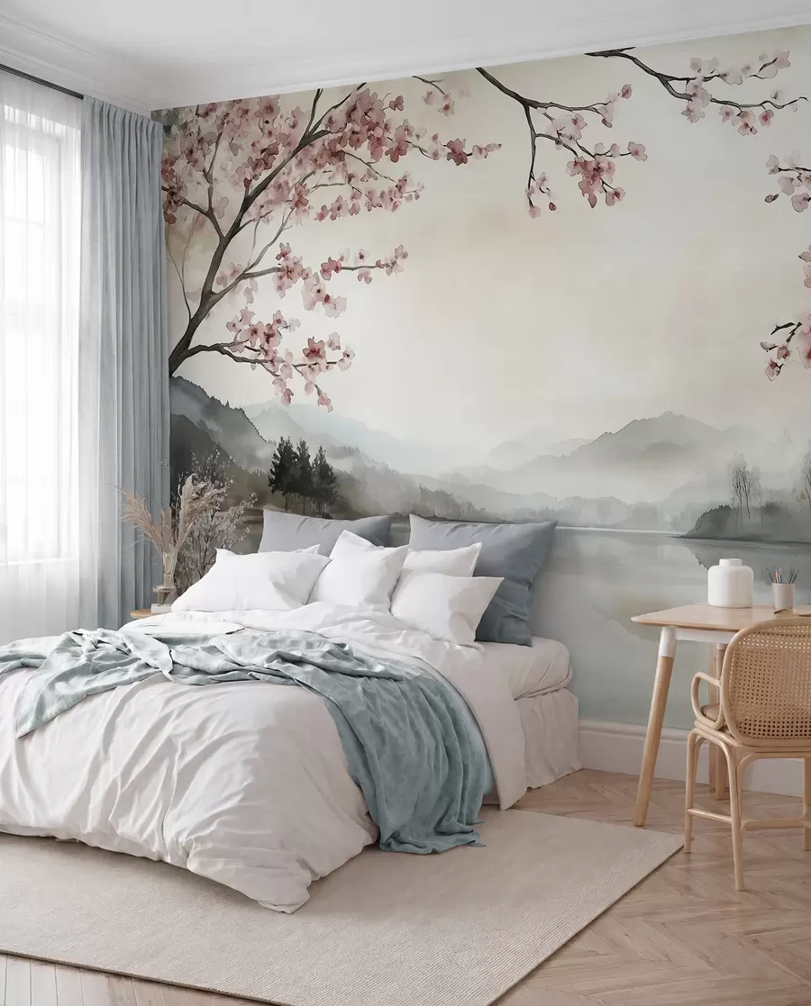 murales de pared tranquilo paisaje en acuarela con un lago y un árbol en flor w03282