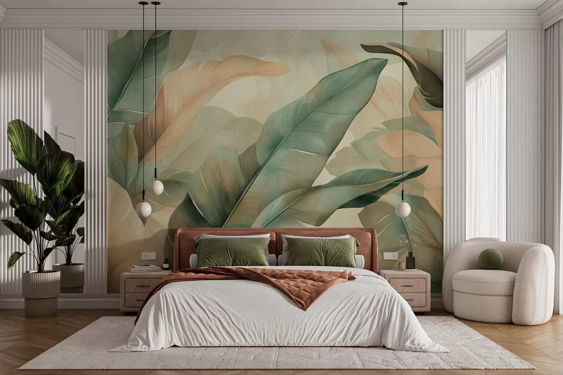 murales de pared gran follaje tropical en tonos verdes y melocotón w03286