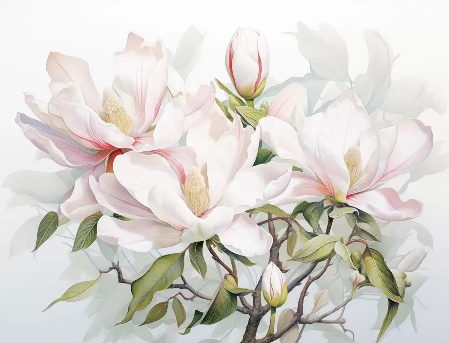murales de pared Flores de magnolia con pétalos blancos y rosas, hojas y ramas marrones, estilo acuarela suave y delicada w08885
