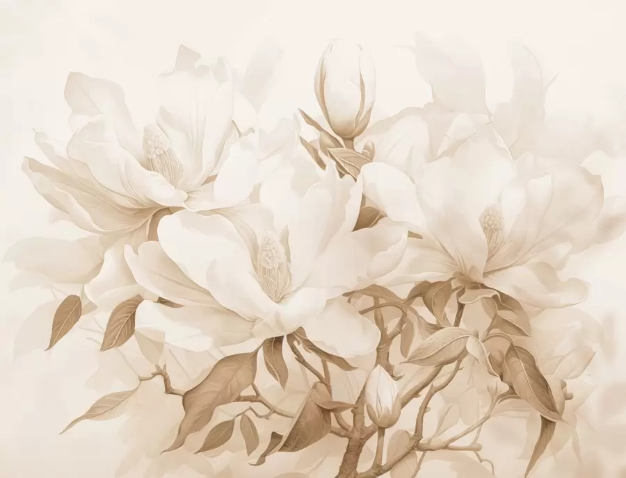murales de pared Flores de magnolia con pétalos blancos y beige, hojas y ramas marrones, estilo acuarela suave y delicada w08886