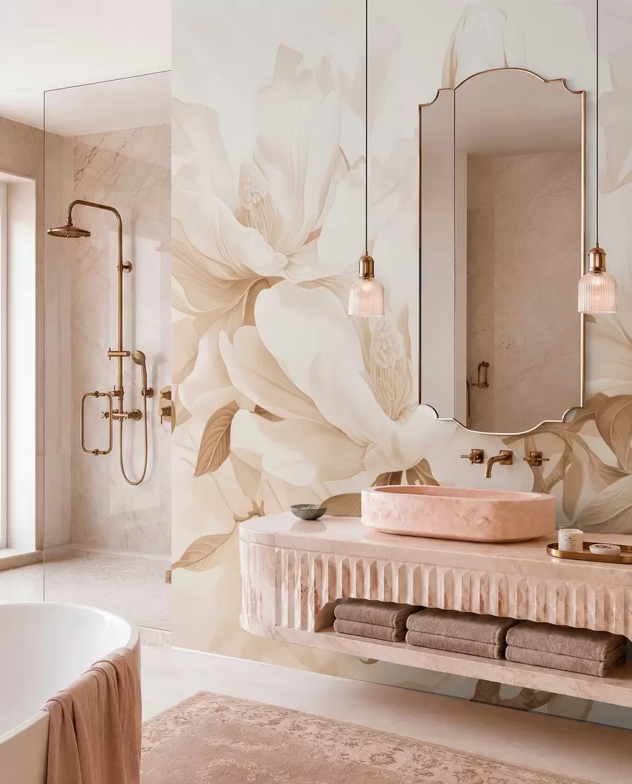 murales de pared Flores de magnolia con pétalos blancos y beige, hojas y ramas marrones, estilo acuarela suave y delicada w08886