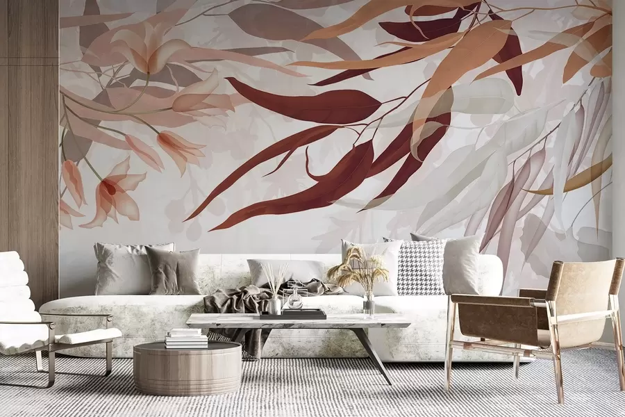 murales de pared Hojas de eucalipto en tonos bordo, beige y blanco con delicadas flores y ramas sobre fondo blanco w08887