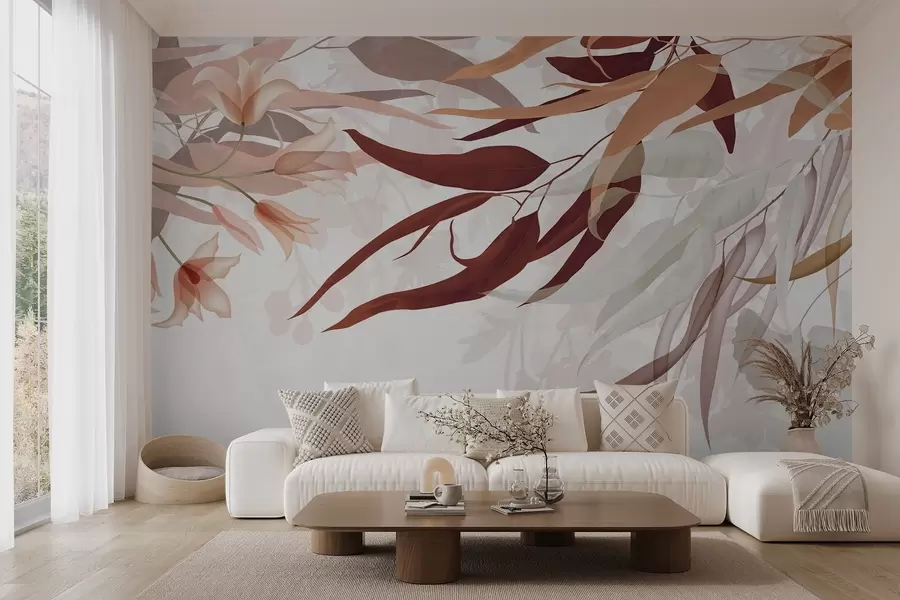 murales de pared Hojas de eucalipto en tonos bordo, beige y blanco con delicadas flores y ramas sobre fondo blanco w08887