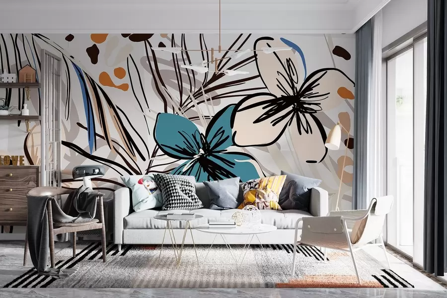 murales de pared Estampado abstracto moderno con hojas de palmera tropicales, flores azules y beige, líneas negras, fondo claro w08889