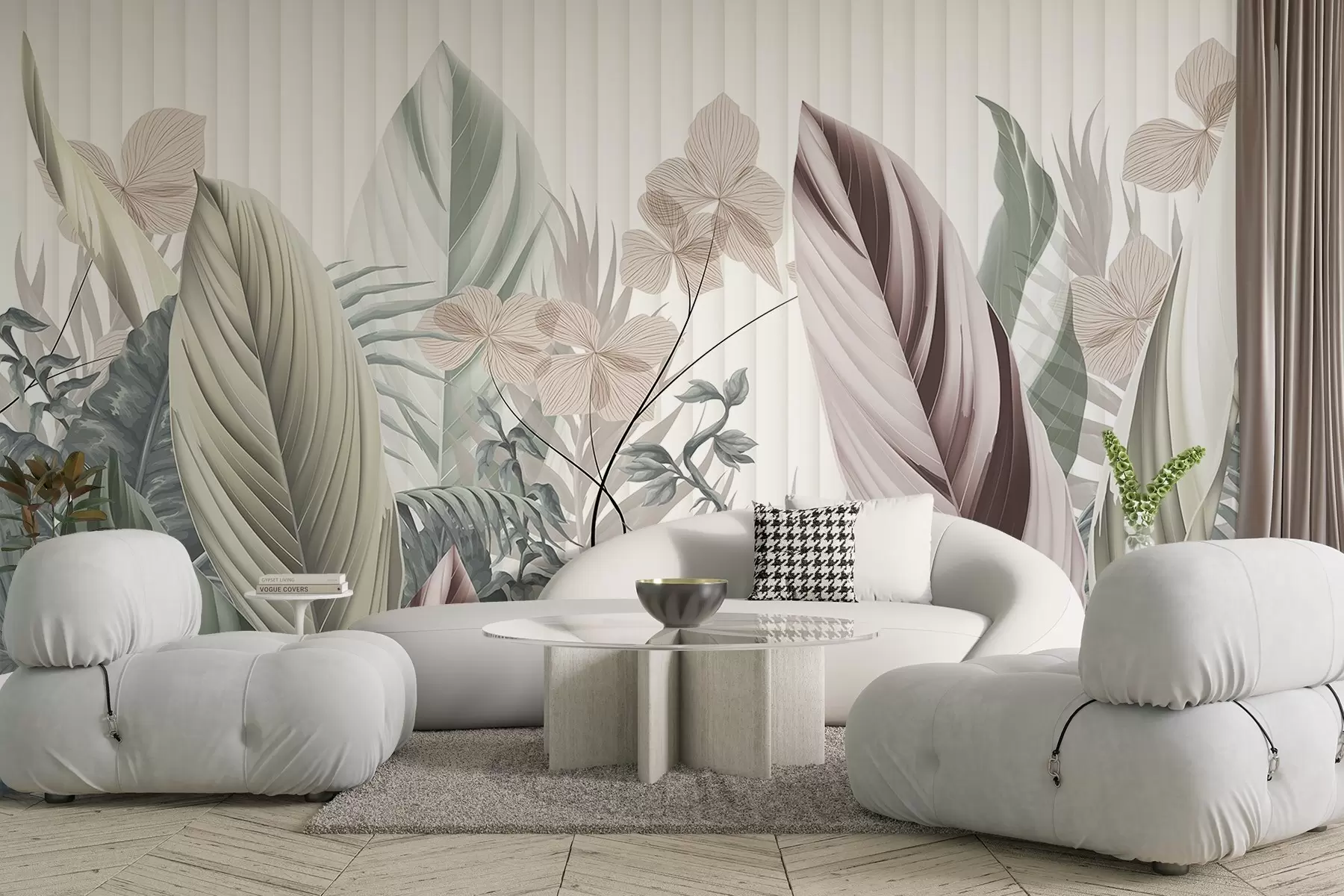 murales de pared Hojas tropicales con suaves colores pastel, verde claro , rosa claro y marrón claro, líneas verticales en el fondo w08892