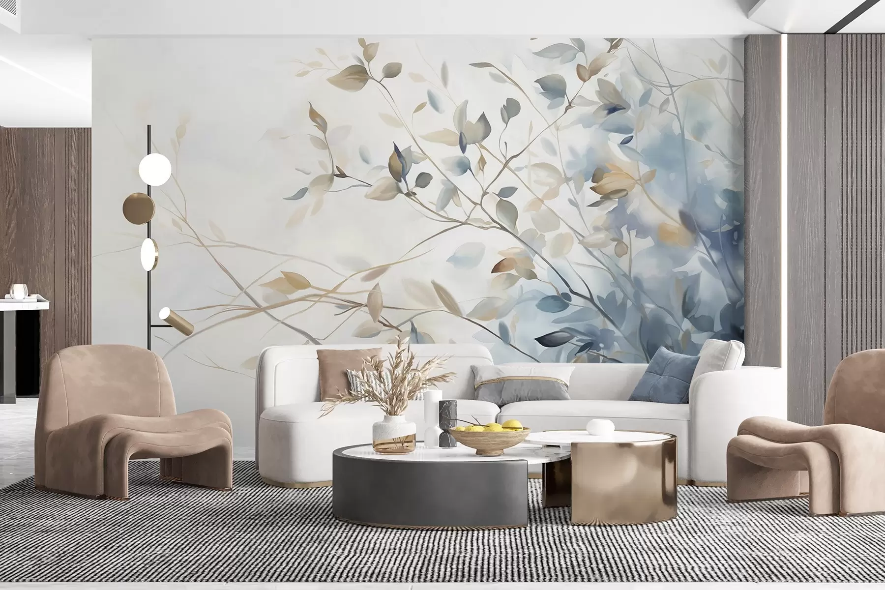 murales de pared Ramas con hojas en tonos azules y marrones, fondo claro, suave y delicado, estilo acuarela w08900