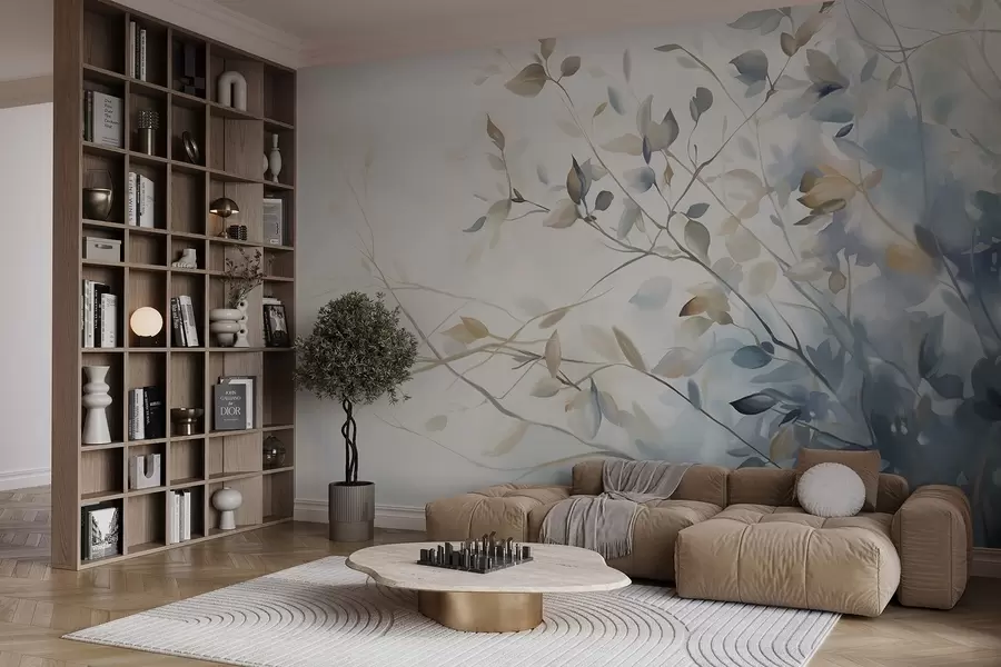 murales de pared Ramas con hojas en tonos azules y marrones, fondo claro, suave y delicado, estilo acuarela w08900