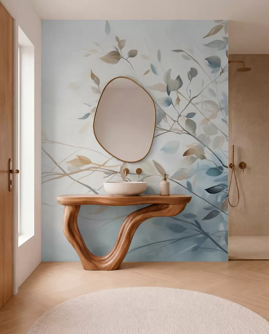 murales de pared Ramas con hojas en tonos azules y marrones, fondo claro, suave y delicado, estilo acuarela w08900