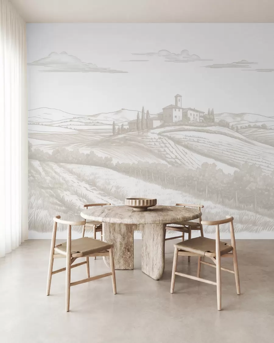 murales de pared Paisajes de la Toscana, Italia, viñedos, naturaleza, castillo antiguo, colores beige w03349