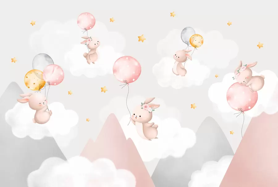 murales de pared Conejitos con globos sobre nubes entre picos montañosos w03375