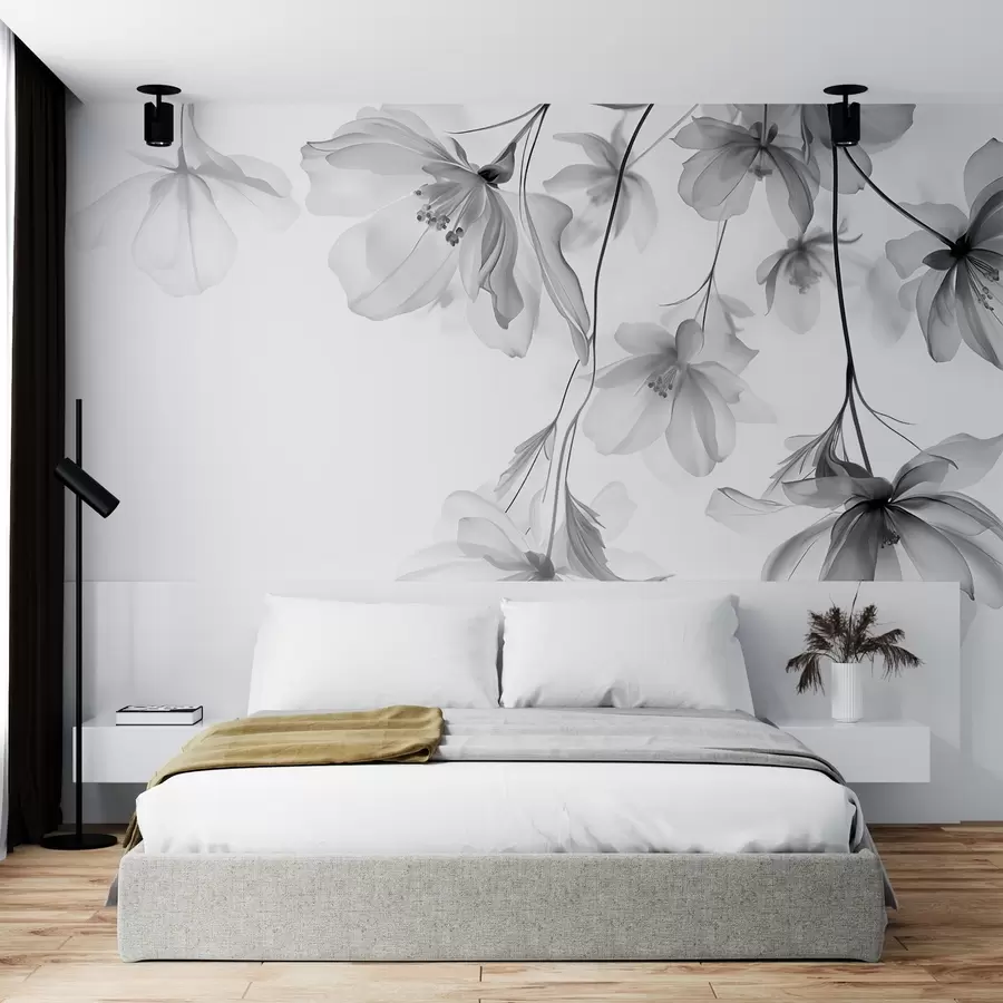 murales de pared Flores negras con pétalos translúcidos colgando de una rama, blanco y negro, composición minimalista de arte moderno w08911