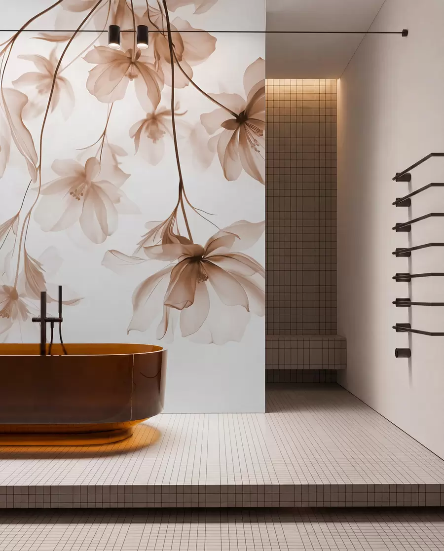 murales de pared Flores beige con pétalos translúcidos colgando de una rama, beige y blanco, composición minimalista de arte moderno w08911v1