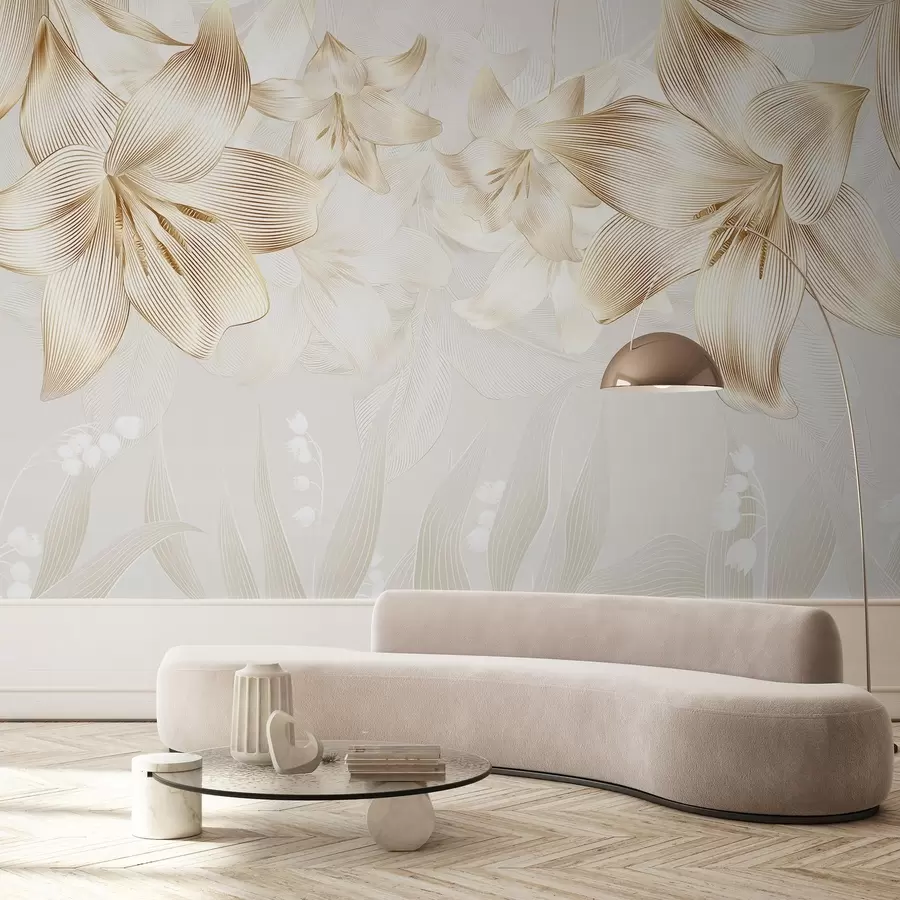 murales de pared Lirios amarillos con intrincados detalles de líneas, elegante arreglo floral, paleta de colores neutros w08912