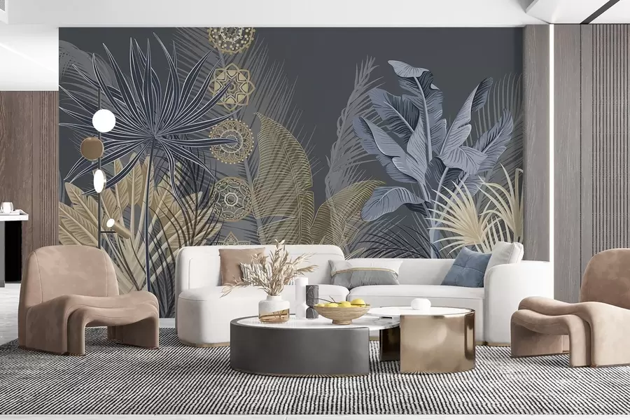 murales de pared Hojas tropicales en tonos azules y marrones, hojas de palmera, hojas de plátano y adornos de mandala, fondo oscuro w08913