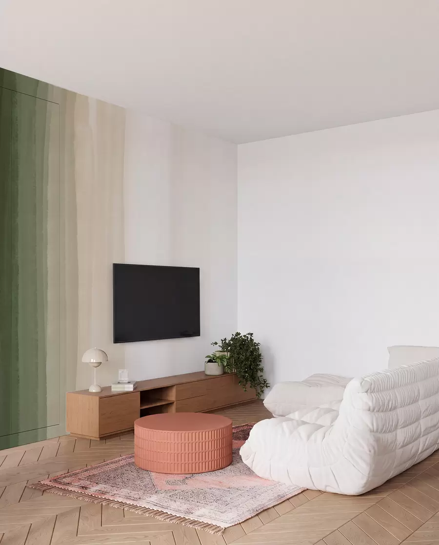 murales de pared Estampado abstracto minimalista degradado con rayas verticales de color verde oscuro, beige y blanco w08915