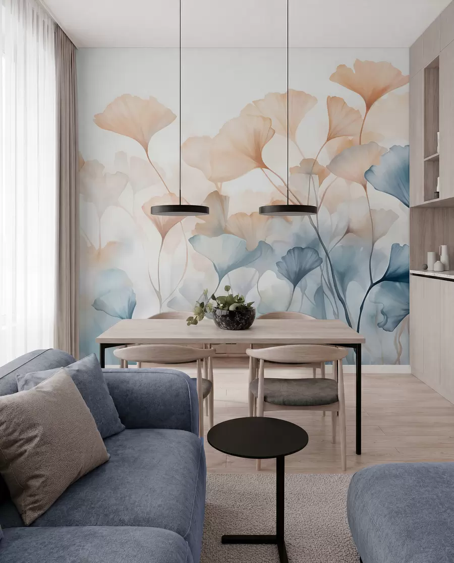 murales de pared Hojas de ginkgo en acuarela azul y naranja, pétalos translúcidos, tallos delicados, paleta de colores suaves w08917